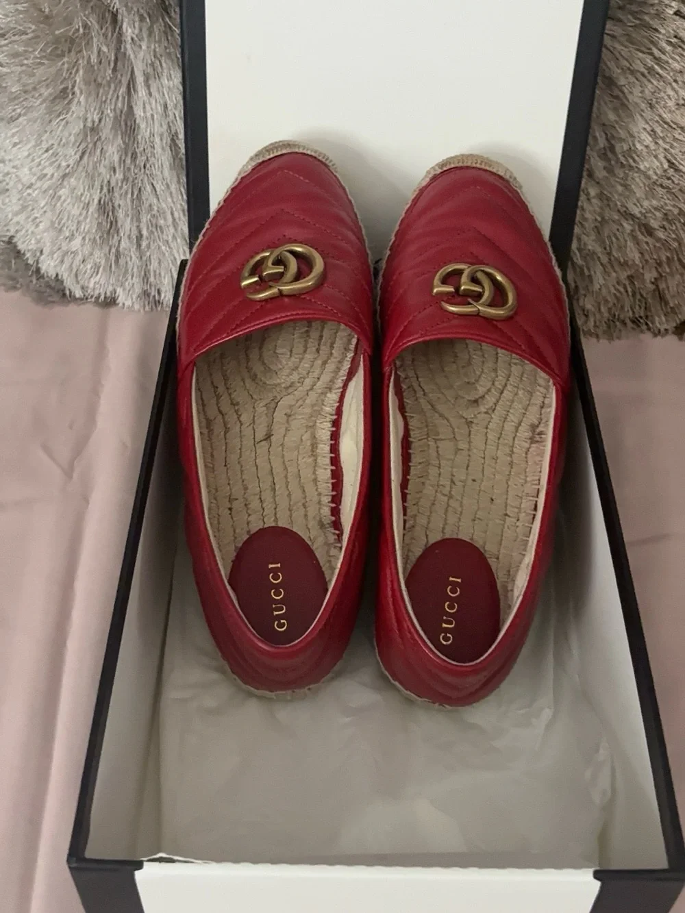 Gucci Red Quilted Leather Loafers with Gold Double G